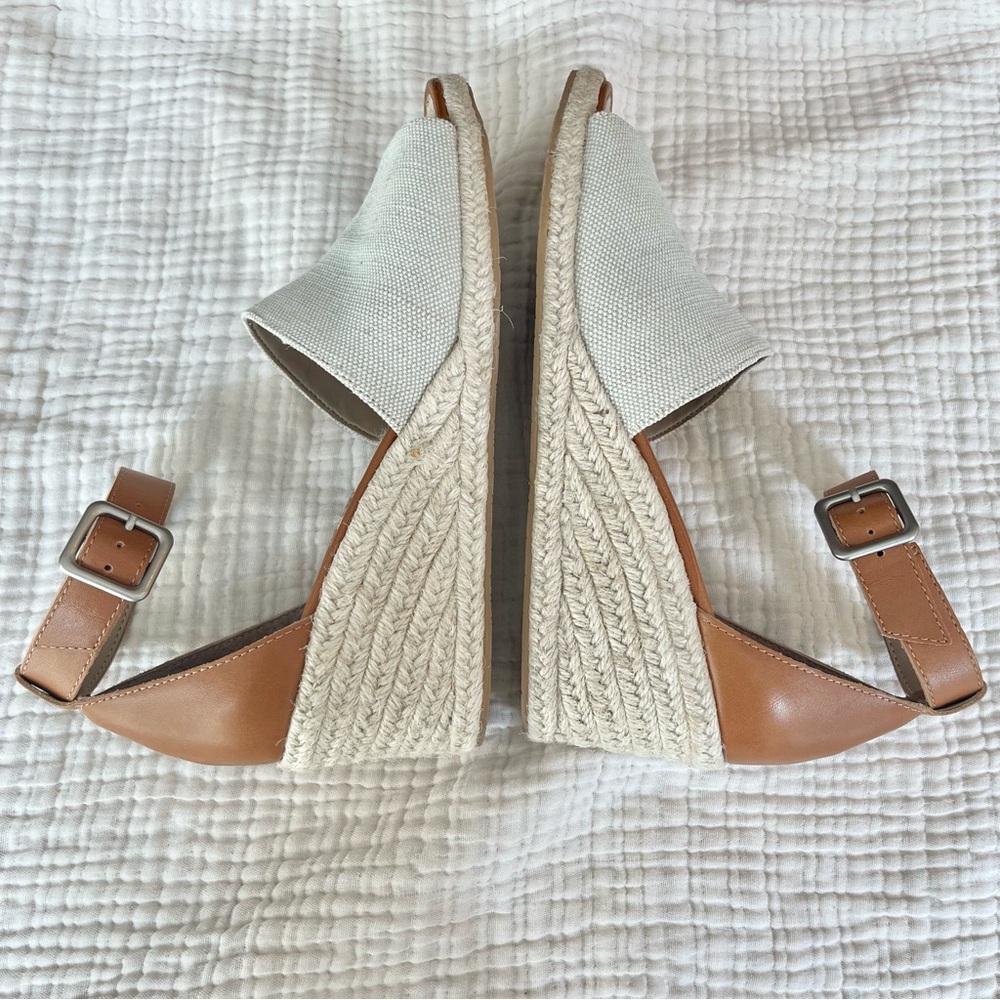 Donald J. Pliner Tan Leather and Cream Canvas Wedge Sandals - Picture 5 of 9